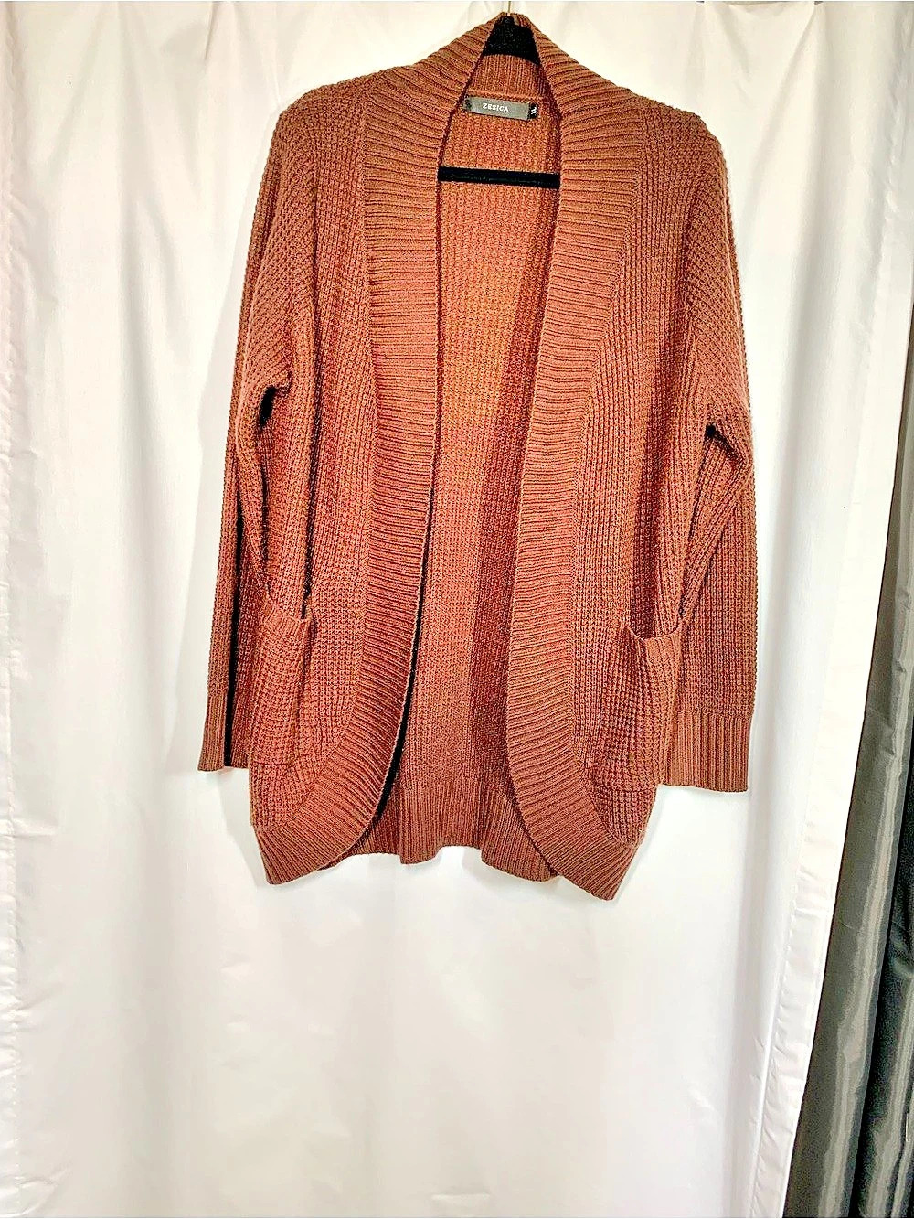 ZESICA Open Front Waffle Knit Cardigan with Pockets Brown
